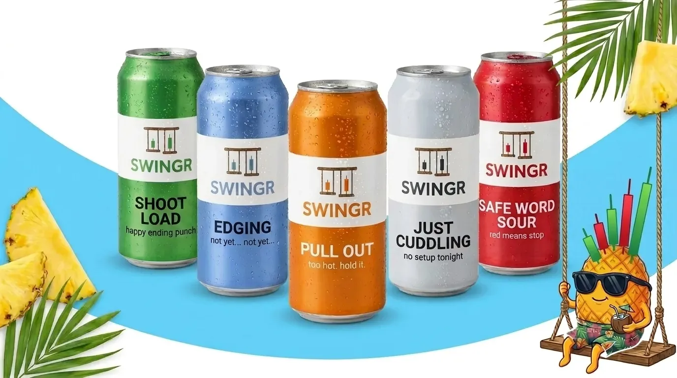 Five drink cans labelled SHOOT LOAD, EDGING, PULL OUT, JUST CUDDLING and SAFE WORD SOUR, the Juicy names for BUY, WAIT, HOLD FIRE, NO CALL and AVOID, with the pineapple mascot on a swing
