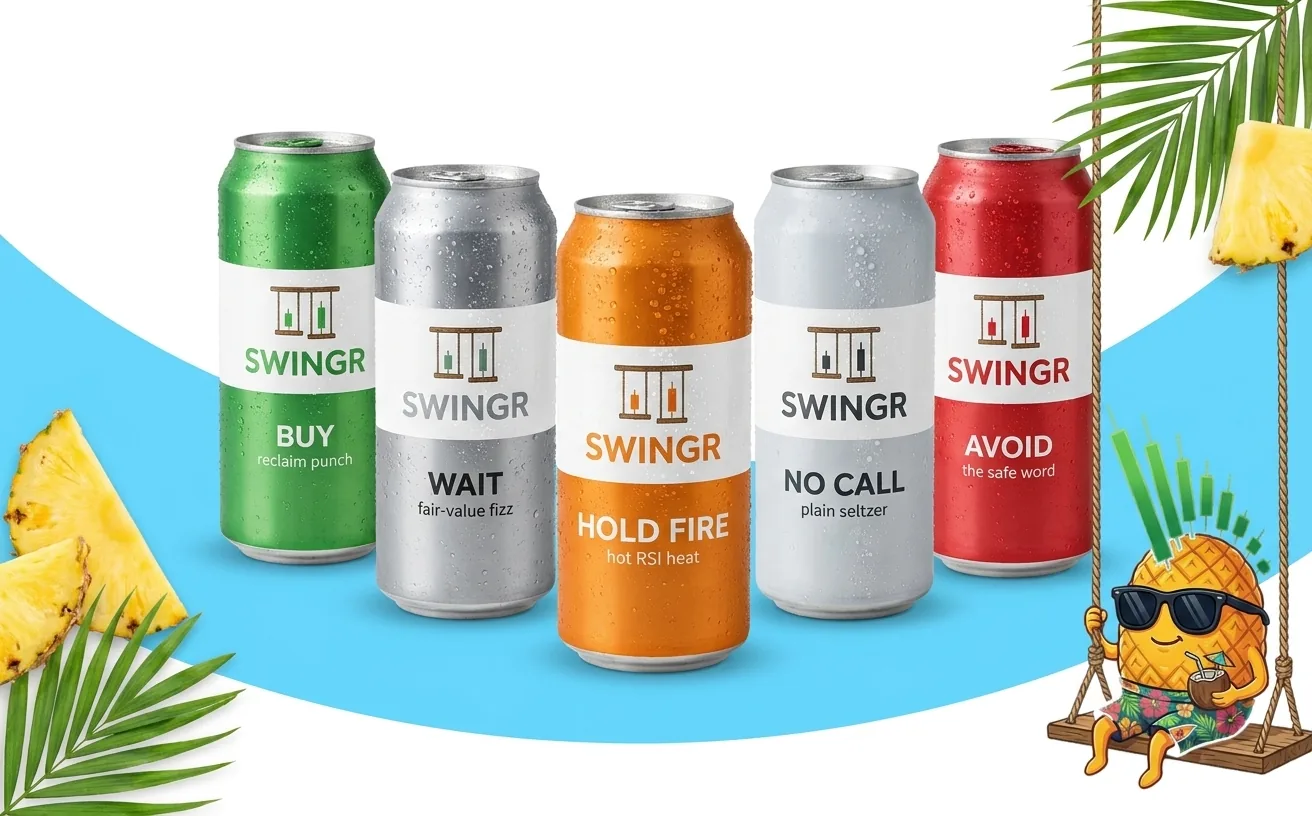 Five drink cans labelled BUY, WAIT, HOLD FIRE, NO CALL and AVOID, with the pineapple mascot on a swing