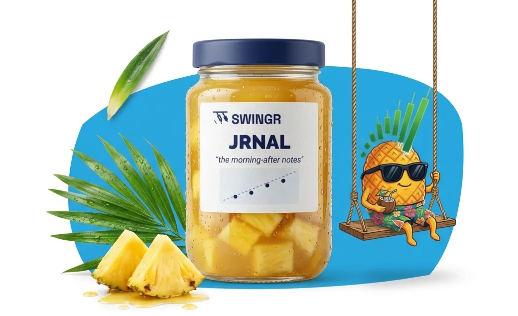 A jar of pineapple chunks labelled JRNAL, beside the pineapple mascot on a swing