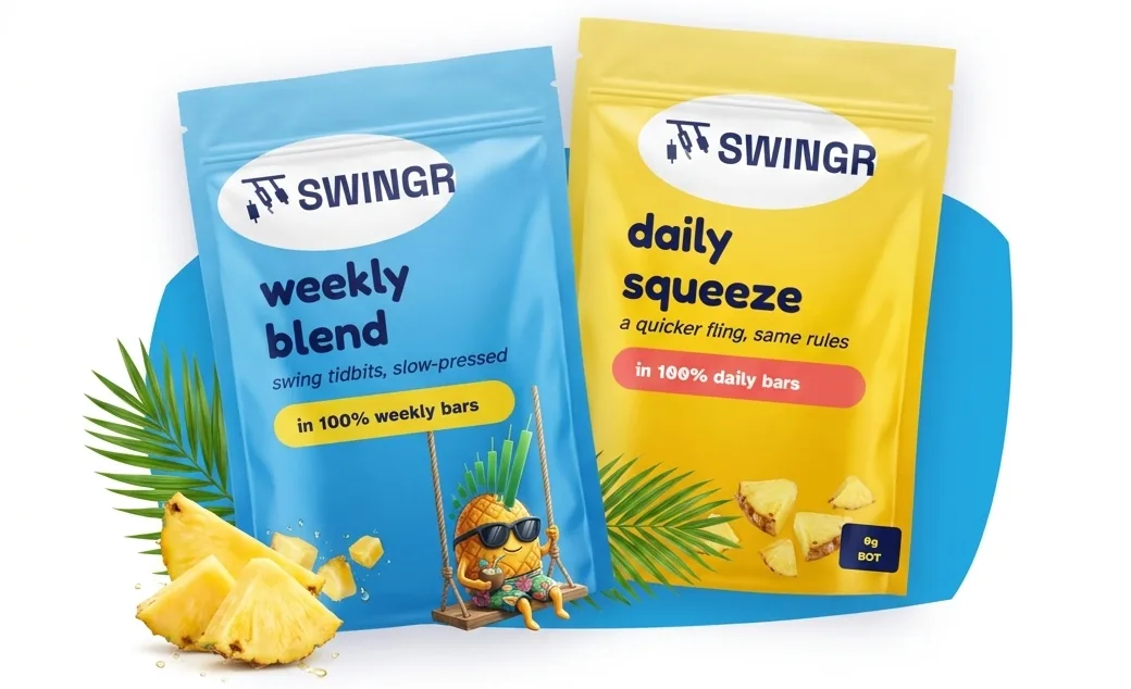 Two stand-up pouches, weekly blend and daily squeeze, with the pineapple mascot on a swing between them